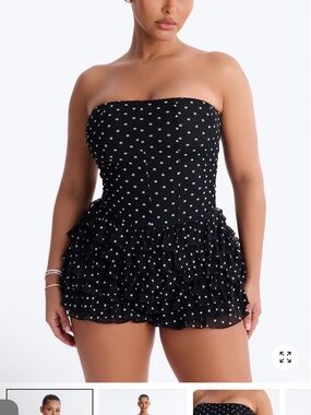 Fashion Nova Black & White Polka Dot Strapless Ruffle Romper